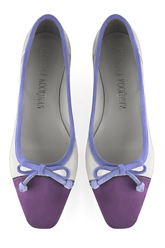 Amethyst purple and light silver women's ballet pumps, with low heels. Square toe. Flat flare heels. Top view - Florence KOOIJMAN
